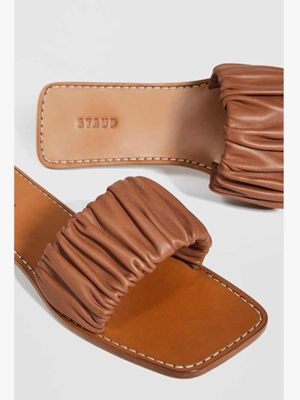 STAUD Women's Nina Ruched Leather Slides Tan Sandal NEW Size 9